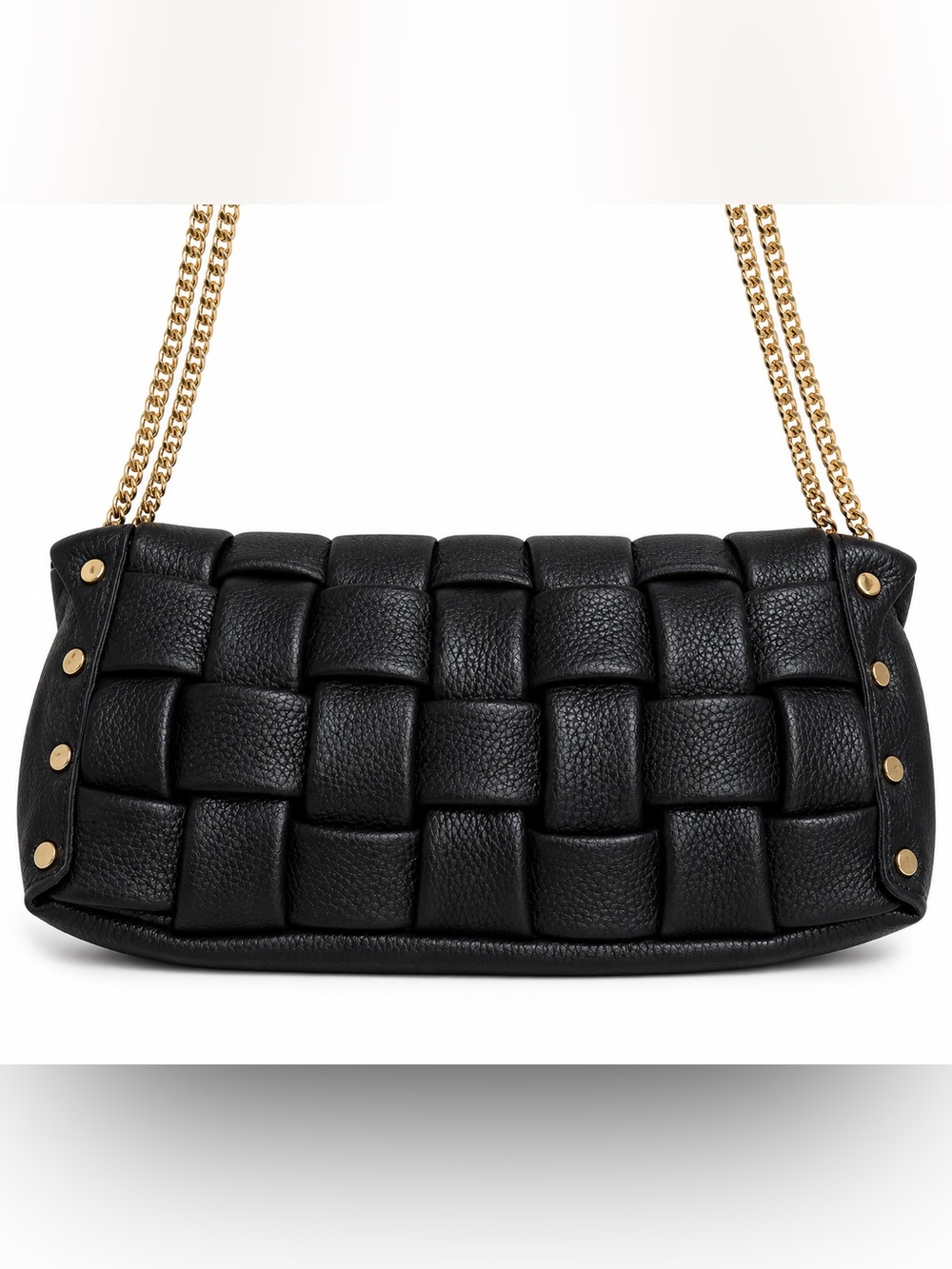Valentina Fiore Black Woven Leather Gold Studded Handbag Gold Chain Strap bag